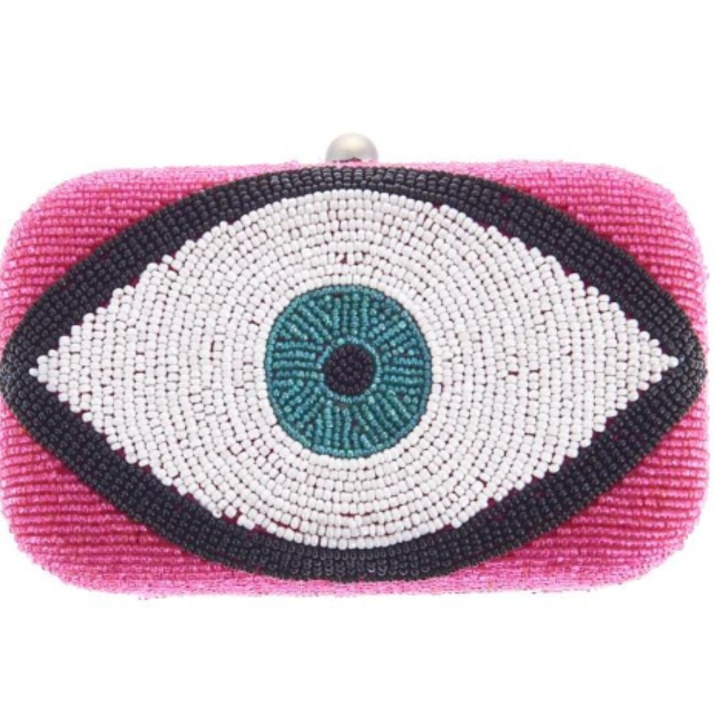 From St Xavier Evil Eye Beaded Box Clutch, Pink
